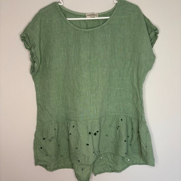 TERZO MILLENNIO Womens L Blouse Pullover Cap Sleeve Italian Linen Green Peplum - Picture 1 of 5